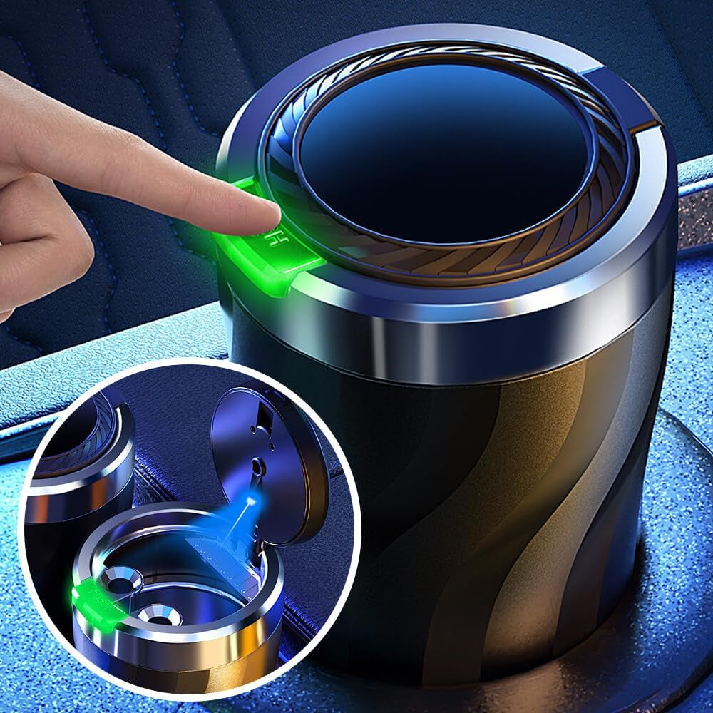 Posacenere Auto, 2 Pezzi Posacenere Chiuso, Luce LED Automatica, Sigillata, Deodorizzazione, Antivento, Ignifuga, Staccabile, Grande Capacità